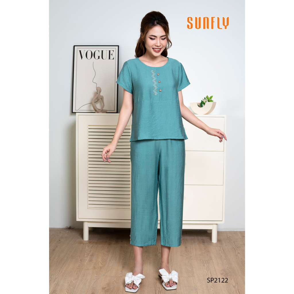 Đồ bộ mặc nhà nữ Sunfly dành cho người trung tuổi chất linen quần dài tay cộc SP2122