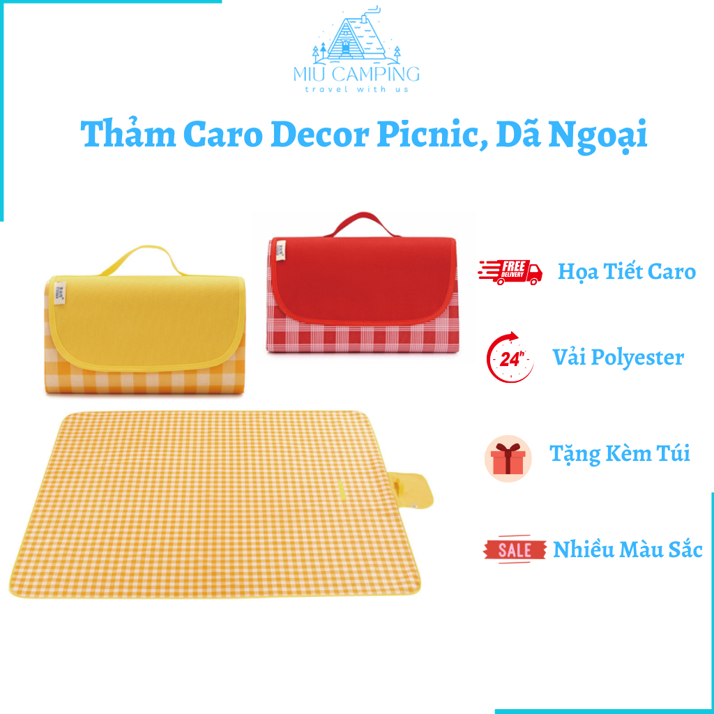 Thảm picnic thảm decor gấp gọn dã ngoại ngoài trời nhiều màu sắc - Thảm caro vải Polyester chống nước