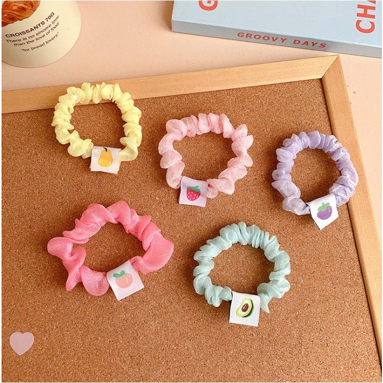 Cột tóc Scrunchies vải hologram đính charm hoa  quả dễ thương, Chun tóc kiêm vòng tay xinh xắn, quà tặng bạn nữ đẹp rẻ