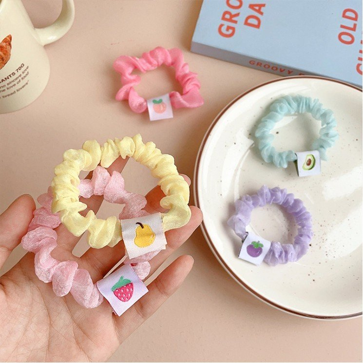 Cột tóc Scrunchies vải hologram đính charm hoa  quả dễ thương, Chun tóc kiêm vòng tay xinh xắn, quà tặng bạn nữ đẹp rẻ