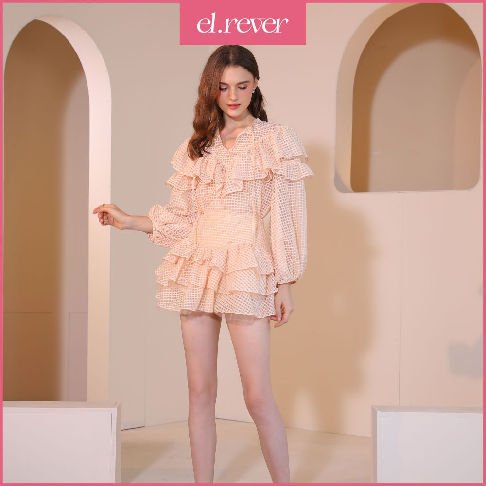 EL.RÊVER - Set áo nữ tiểu thư cổ bèo và chân váy xòe tầng minidress - Màu cam - 0522S01