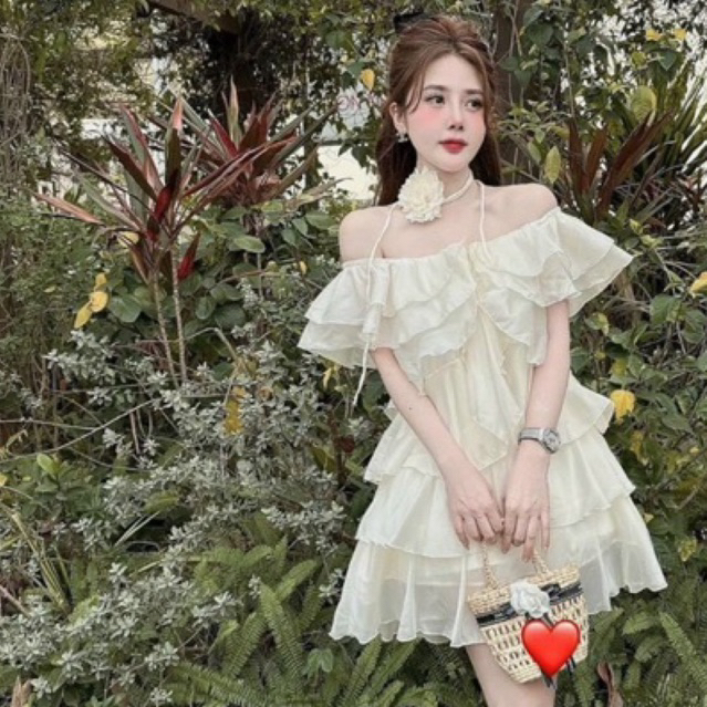 Đầm babydoll voan tầng trễ vai phong cách tiểu thư phối chocker cực dễ thương cho nữ đi chơi dự tiệc dạo phố sang chảnh