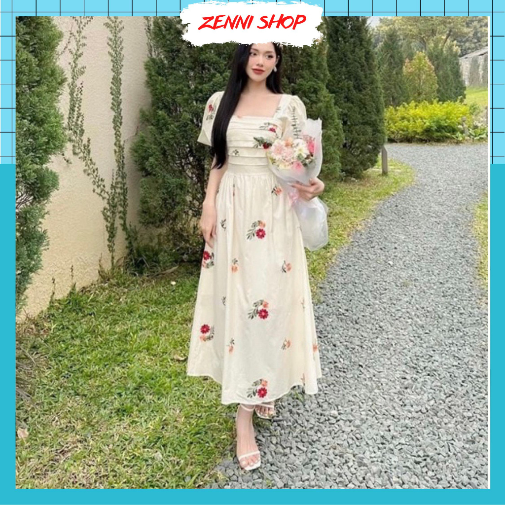 Maxi Đi Biển, Váy Hoa Thêu Cổ Vuông Tay Bồng Xếp Ly Ngực Hàng Thiết Kế 2 Lớp Có Size.