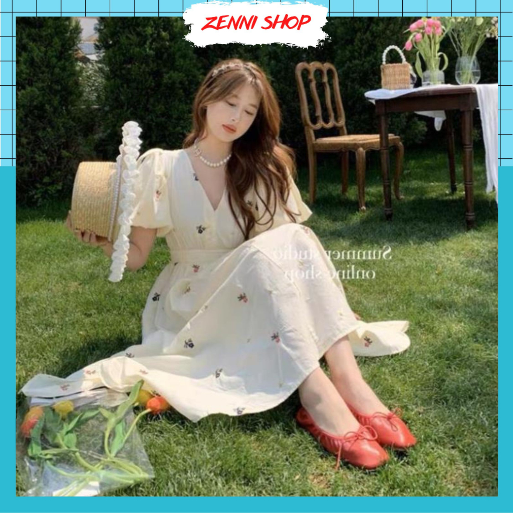 Váy Hoa Thêu Nổi, Đầm Midi Nữ Cổ V Gài Nút Tay Bồng Dáng Dài Thun Sau Hàng Thiết Kế 2 Lớp Form Dáng Rộng Rãi Dưới 60 Mặc