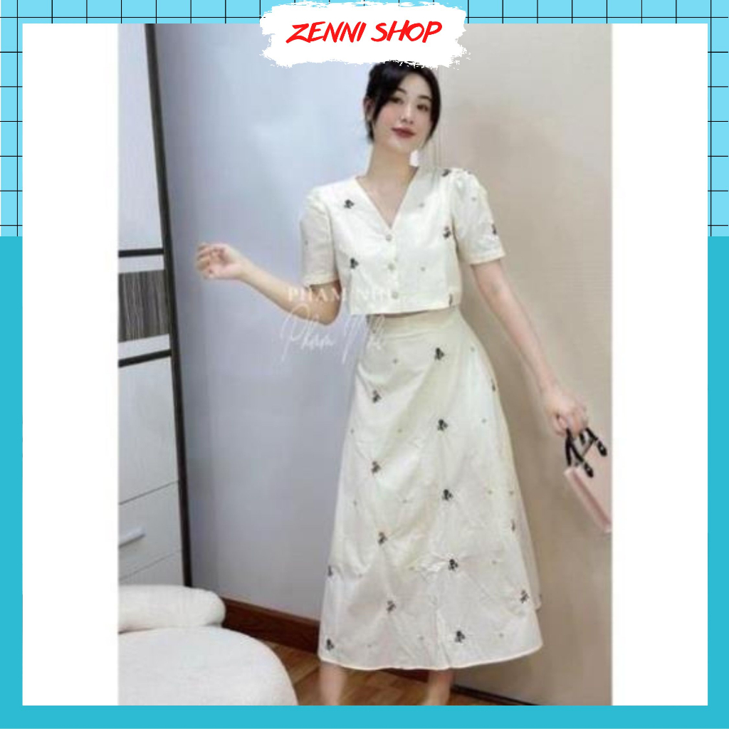 Set Đồ Nữ, Set Áo Croptop Nữ Kèm Chân Váy Chử A Dáng Dài Chất Thô Thêu Nổi Hàng Thiết Kế 2 Lớp Siêu Sang Chảnh.