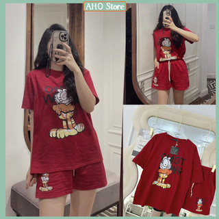 Bộ đùi nữ áo phông nữ đỏ in hình mèo omot mix quần sooc đùi đỏ freesize