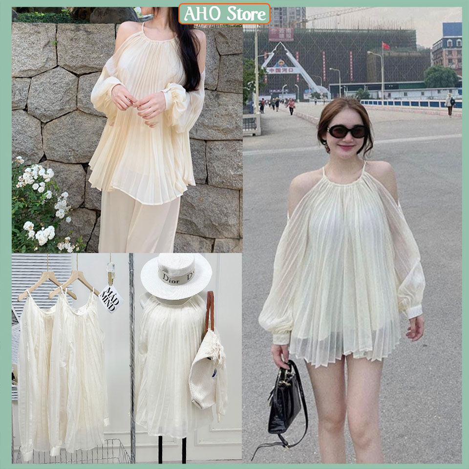 Áo So Mi Nữ Tơ Nhũ Khoét Vai Dập Ly Dài Tay Áo Kiểu Nữ Khoét Vai 2 Lớp Tiểu Thư Dáng Dài Freesize