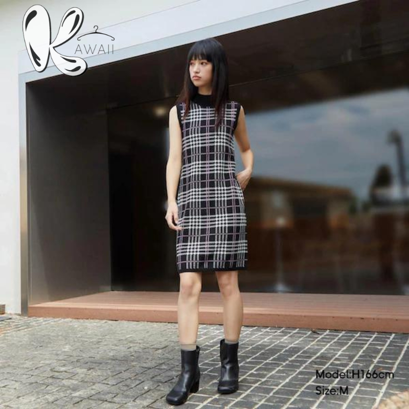 - Đầm len dệt kim sọc caro cổ điển - Mã 342785