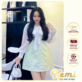 Váy gấm thêu hoa cổ tròn viền ren cột nơ, ống tay tơ dáng đầm xòe thanh lịch tiểu thư Kemi