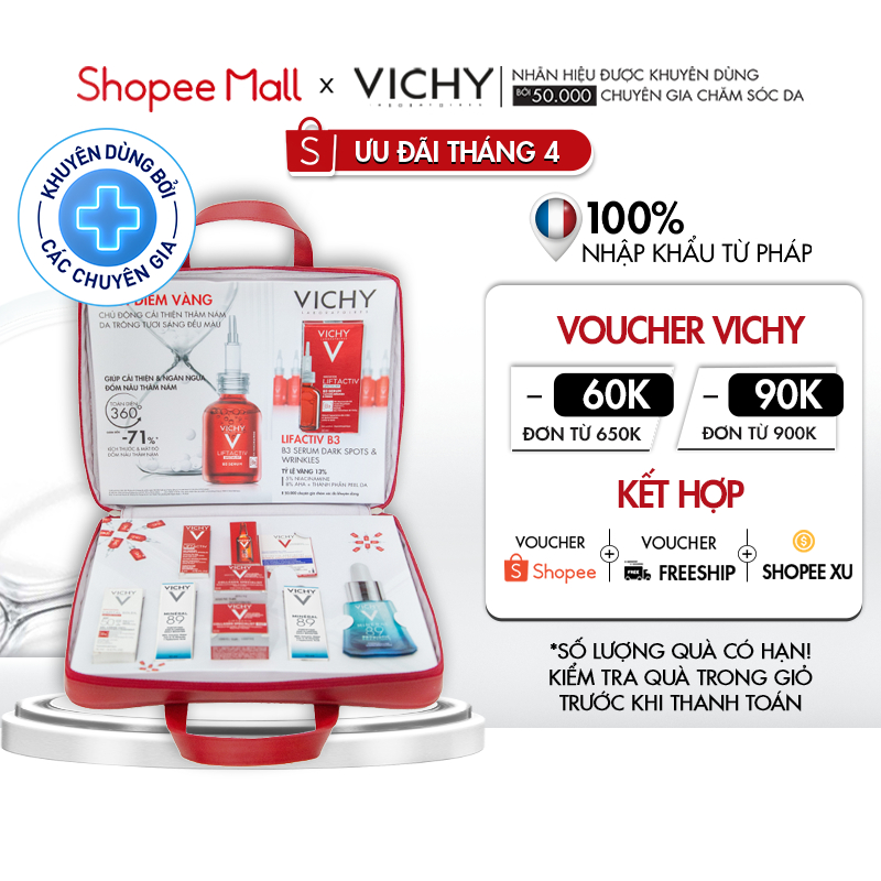Bộ sản phẩm cải thiện, ngừa thâm nám đốm nâu Vichy Liftactiv B3 Dark Spots Serum kèm túi da cao cấp