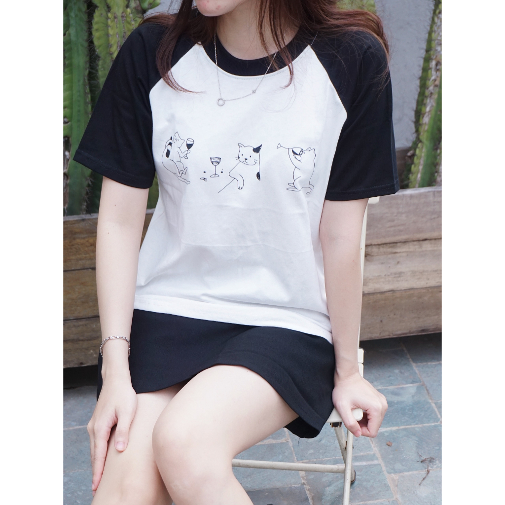 Áo Thun Baby Tee Raglan Mèo Đen, Áo Thun In Hình Mèo Form Baby Tee Cotton 100%