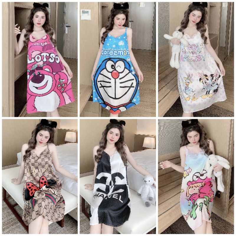Đầm ngủ nữ mặc nhà Đầm 2 dây from rộng BIGSIZE 45kg->75kg Lụa Gấm Xước mềm đẹp cao cấp Đầm ngủ sexy