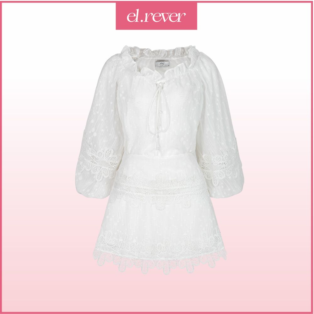 ELRÊVER - Set áo trễ vai chân váy ren hoa - màu trắng chấm bi - R11S19