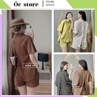 Sét đũi nữ sóng nhăn áo sơ mi xẻ tà sau lưng thắt dây nơ kèm quần short, Bộ đũi nữ sóng nhăn hàng loại 1