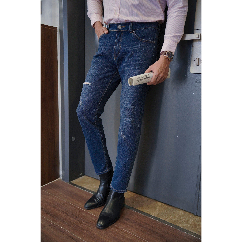 Quần Jeans Dài Nam Cao Cấp Dark Blue Rách BY COTTON