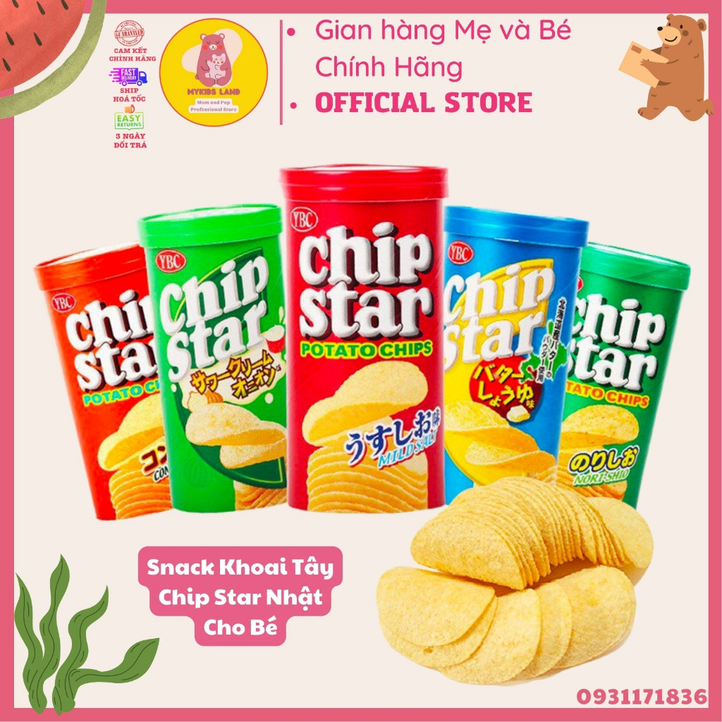 [DATE T4.2024] Bánh Snack Khoai tây lát Chip Star Nhật Bản cho bé Rong Biển Xanh - Muối Đỏ - Bơ Cam hộp 50g Chipstar