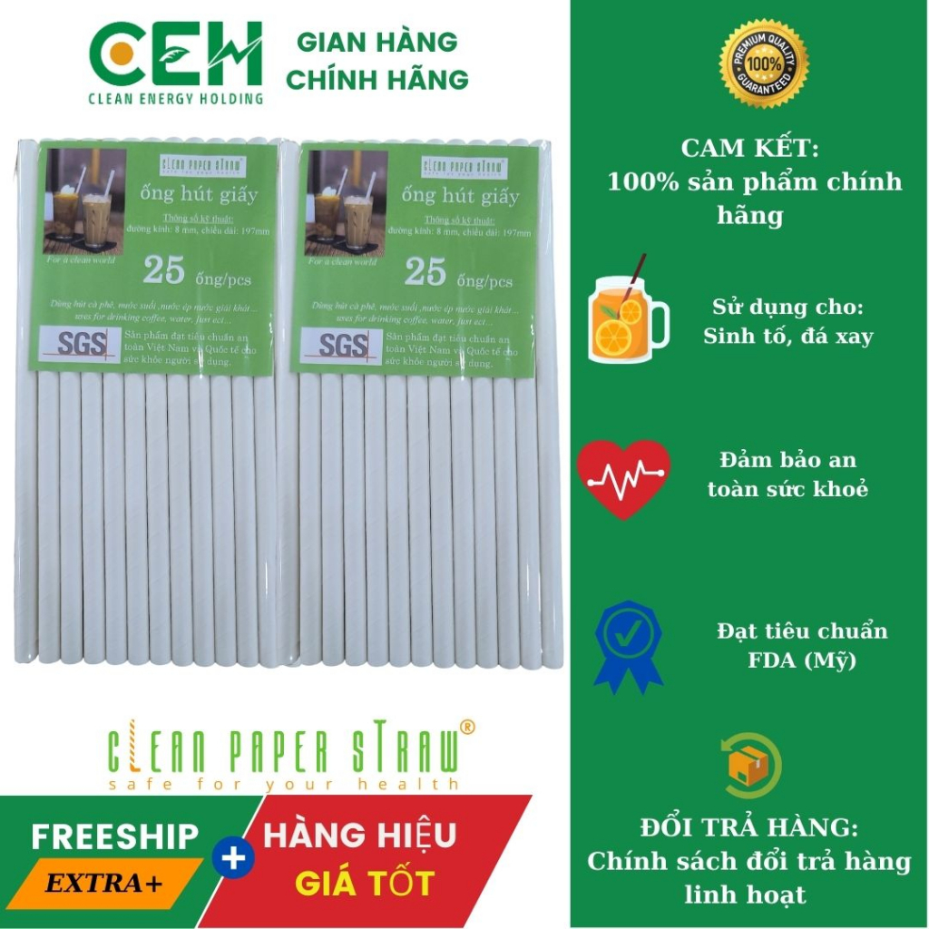 Túi 25 ống hút giấy CLEAN PAPER STRAW, phi 8, không màng bọc giấy dùng cho sinh tố đá xay an toàn sức khoẻ bảo vệ môi tr