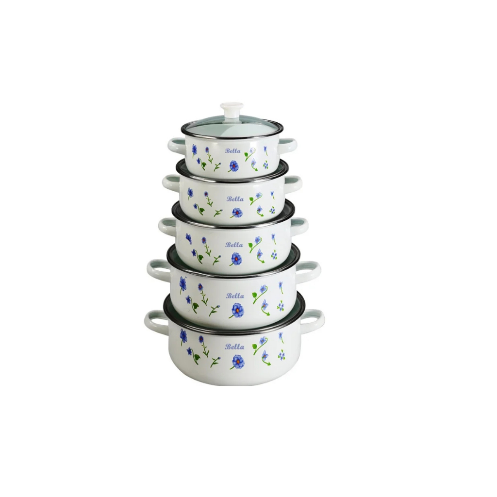 Bộ 5 Nồi Tráng Men Ceramic cao cấp BELLA MK297 Size 16-18-20-22-24 cm họa tiết hoa lavender xanh