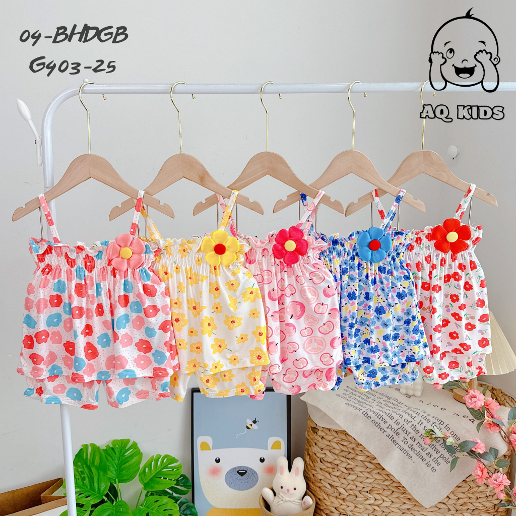 Bộ 2 dây Size 80-130 (8-22kg) thun lạnh Minlybaby in hoạ tiết gắn bông cho bé cực xinh