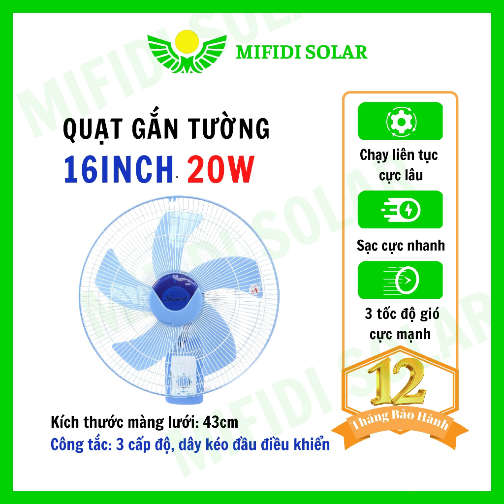 Quạt Năng Lượng Mặt Trời Gắn Tường MIFIDI 16 Inch, Mẫu Mới Siêu Mạnh Siêu Tiết Kiệm,Tích Điện dùng Trên 8 Tiếng