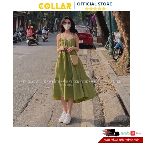 Đầm 2 dây COLLAR dáng xòe 3 tầng màu xanh lá tôn da chất đũi mềm phong cách nữ hàn quốc