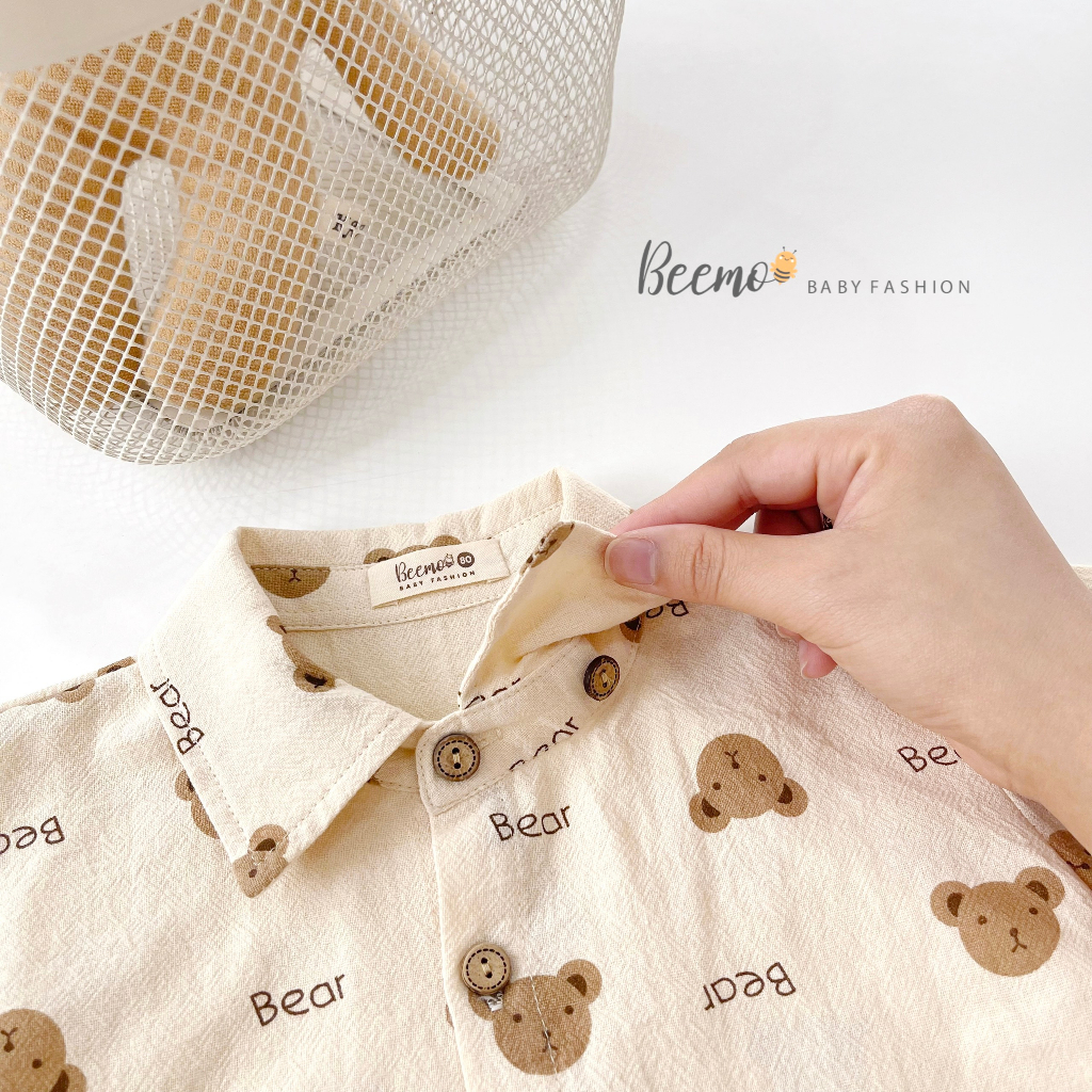 Set bộ sơ mi Beemo kèm nơ in gấu áo đũi mix quần kaki mềm mát mặc hè đi chơi, đi tiệc cho bé từ 1 - 7 tuổi 23251B