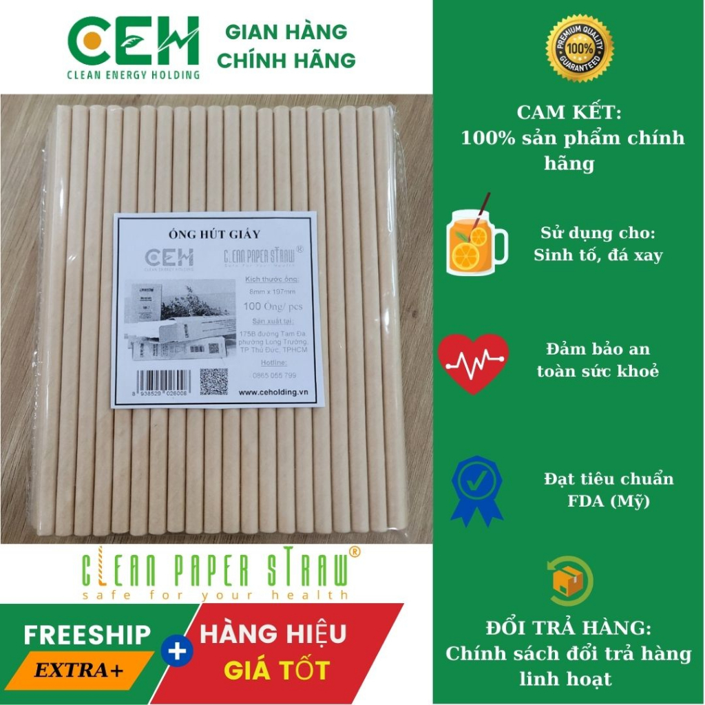 Túi 100 ống hút giấy CLEAN PAPER STRAW phi 8, dùng cho sinh tố đá xay, an toàn sức khoẻ, bảo vệ môi trường