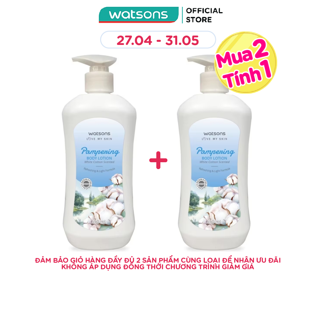 Sữa Dưỡng Thể Watsons Trắng Da Pampering Body Lotion White Cotton Scented 550ml