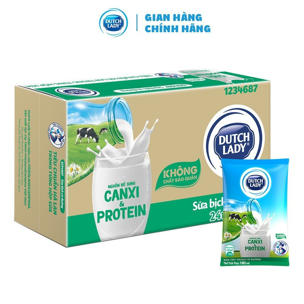 Thùng 24 Bịch Sữa Tươi Tiệt Trùng Có Đường Dutch Lady Canxi & Protein 180ml (24x180ml)