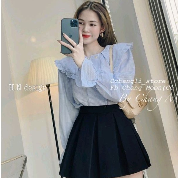 Sơ mi kẻ cổ bèo,cúc ngọc, 2 màu trẻ trung năng động, đẹp - sang chảnh