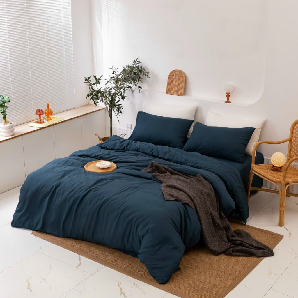 Bộ Chăn Ga Gối Cotton Đũi Tici Phong Cách Vintage - Màu Xanh Navy CA Bedding Decor