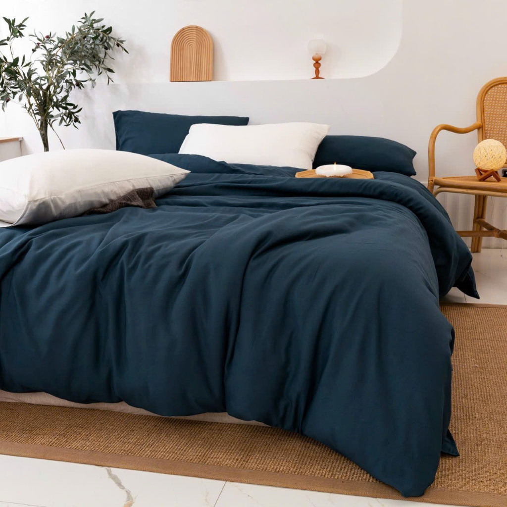 Bộ Chăn Ga Gối Cotton Đũi Tici Phong Cách Vintage - Màu Xanh Navy CA Bedding Decor