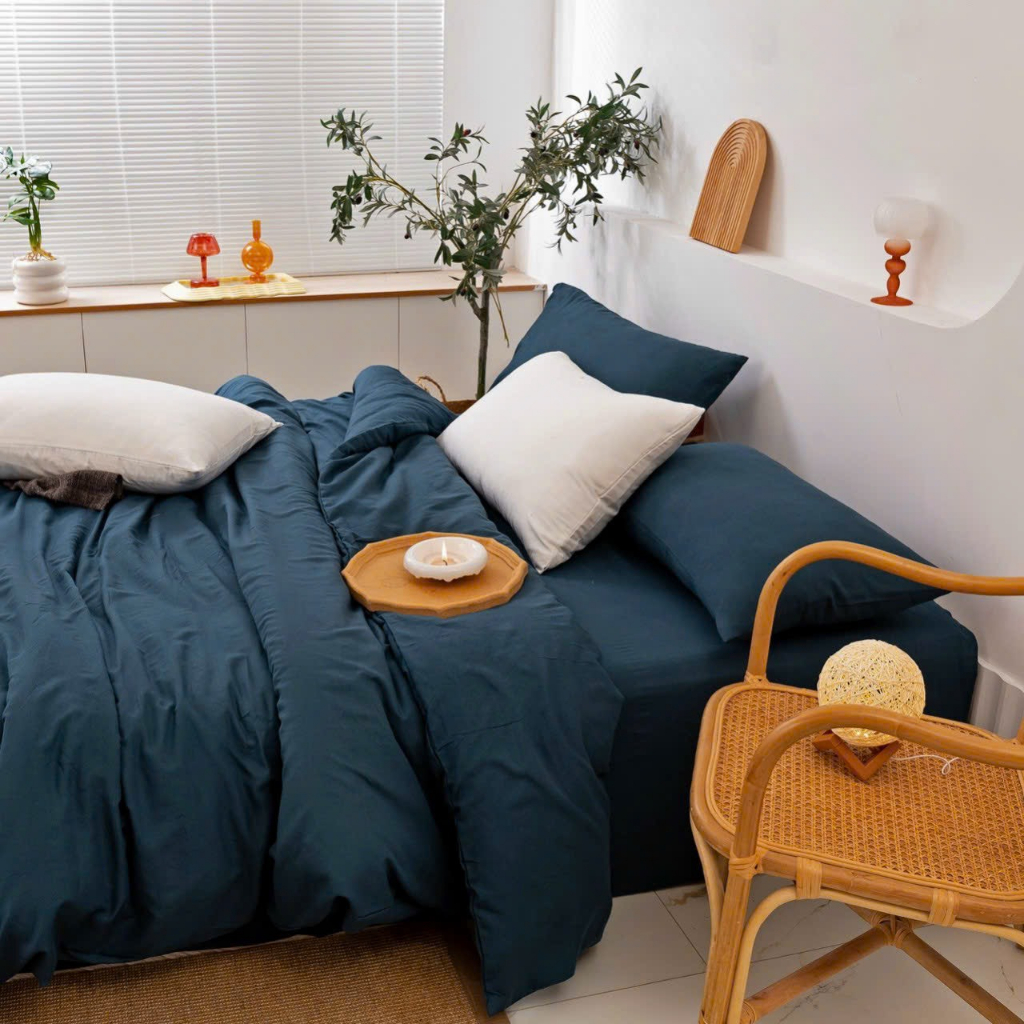 Bộ Chăn Ga Gối Cotton Đũi Tici Phong Cách Vintage - Màu Xanh Navy CA Bedding Decor