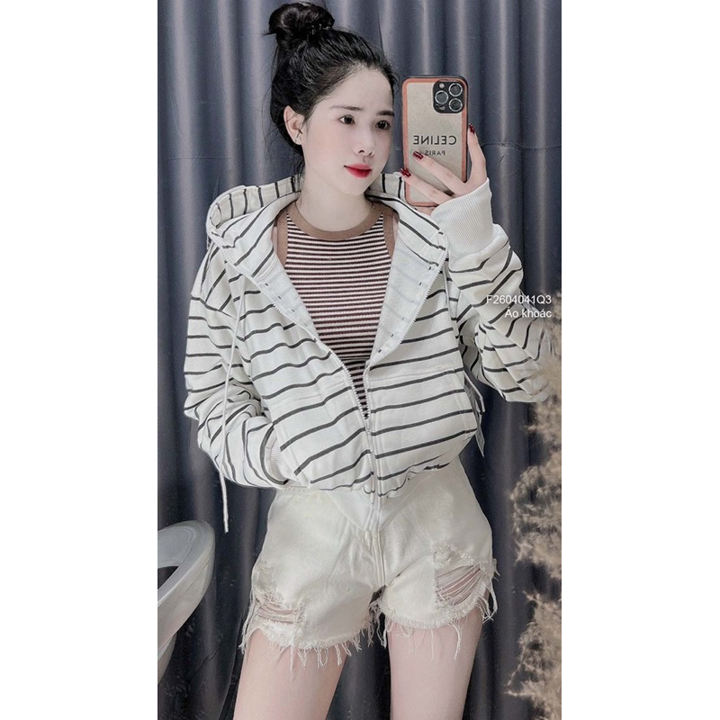 Áo khoác thun gân sọc ngang có mũ chùm hiện đại VIENS STORE