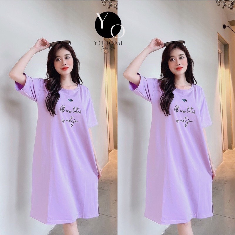 Đầm xuông nữ xẻ tà thun cotton thái cao cấp cổ tròn tay ngắn D1492