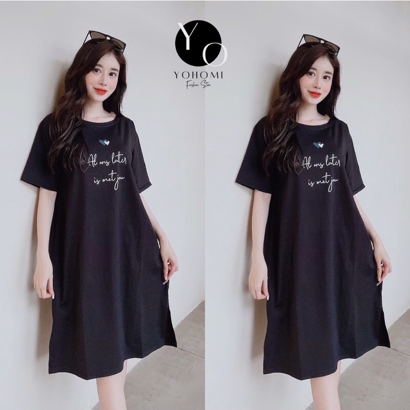 Đầm xuông nữ xẻ tà thun cotton thái cao cấp cổ tròn tay ngắn D1492