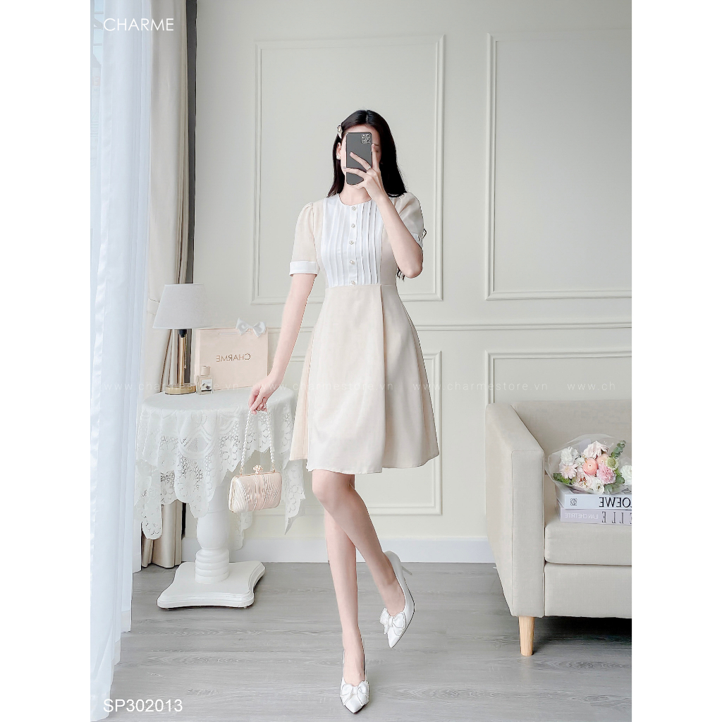 Váy Công Sở Cổ Tròn Phối Tay Thiết Kế Charme 302013 Váy Công Sở Cao Cấp