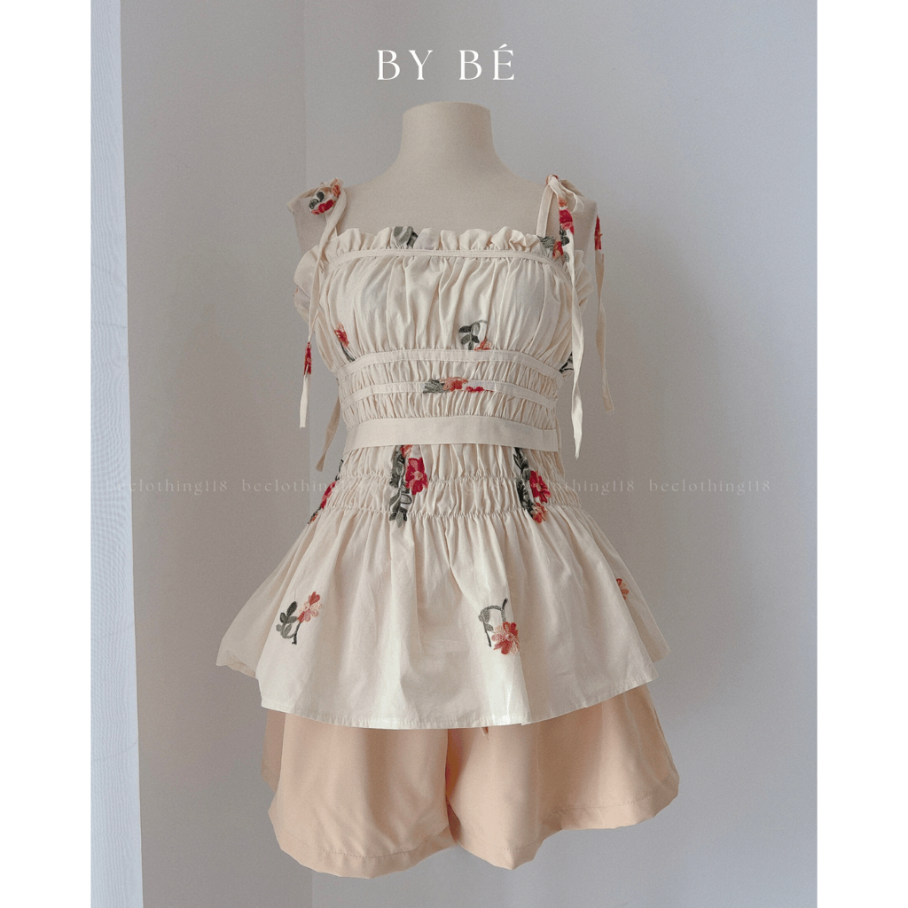 Set áo 2 dây ndue thêu hoa cột vai + short nude