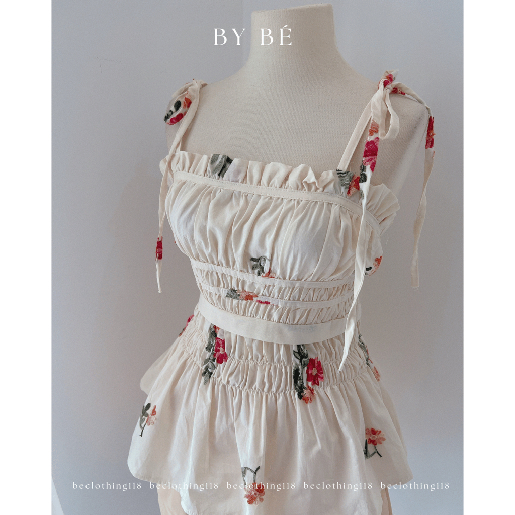 Set áo 2 dây ndue thêu hoa cột vai + short nude