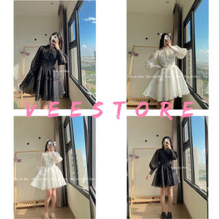 Váy trắng xòe cổ đan dây, váy mini 2 lớp dày dặn phong cách babydoll ulzzang Hàn Quốc VEESTORE