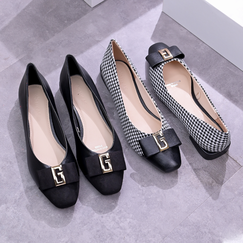 Giày cao gót nữ mũi vuông đính nơ vải kèm logo chữ G sắc nét, đế vuông thấp 2p hàng VNXK - Kimy Store