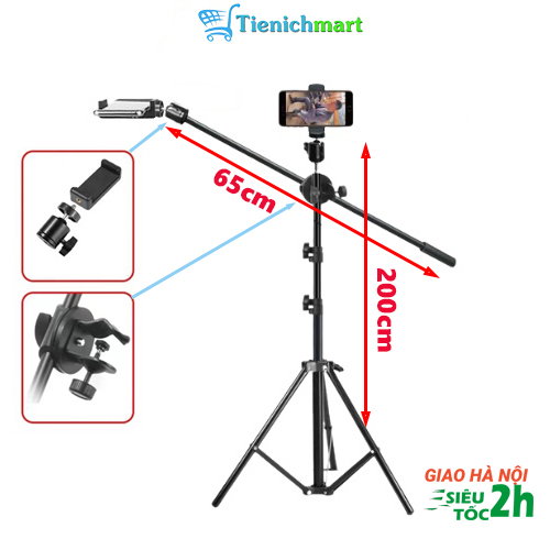 Giá đỡ, tay treo ngang 360, gắn điện thoại chụp ảnh, livestream, quay video dài 65cm, chân đỡ cao 200cm