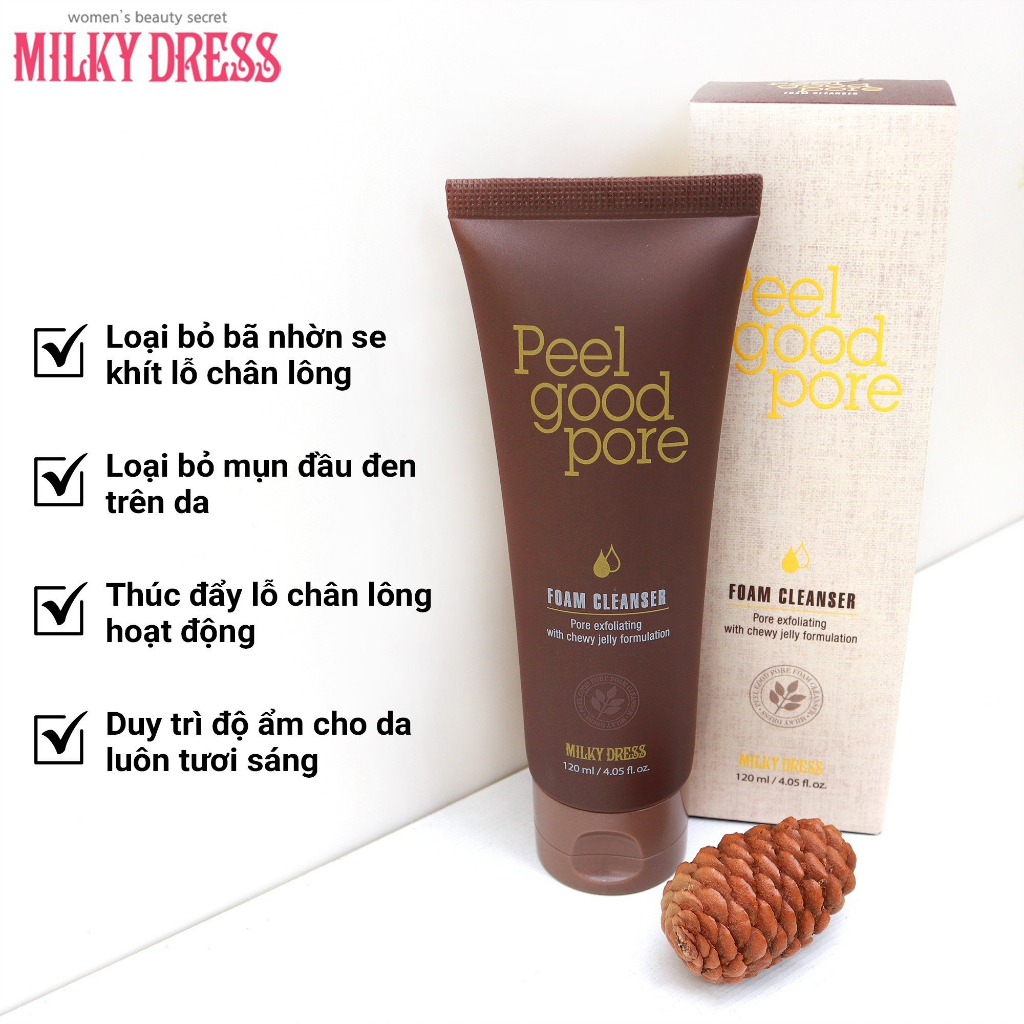 Sữa rửa mặt làm trắng da và loại bỏ tế bào chết Milky Dress Peel Good Pore Foam Cleanser (120ml)