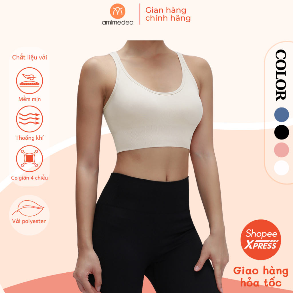 Áo lót bra thể thao nữ, tập gym yoga cao cấp AMI Medea dây đan chéo lưng, đệm mút có thể tháo rời, 4 nấc điều chỉnh N301