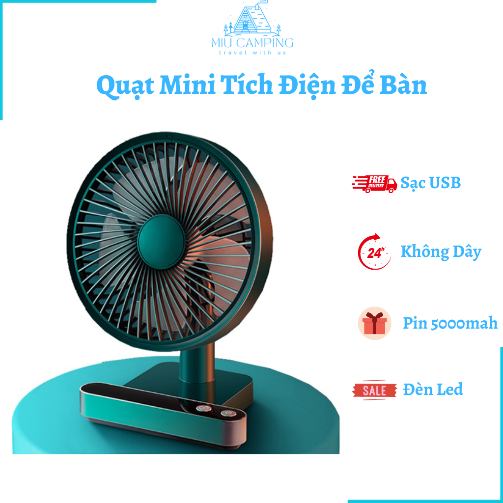 Quạt Mini Để Bàn Tích Điện Sạc USB, Đèn Led Hiển Thị, Dung Lượng Pin 5000mah - Miu Camping