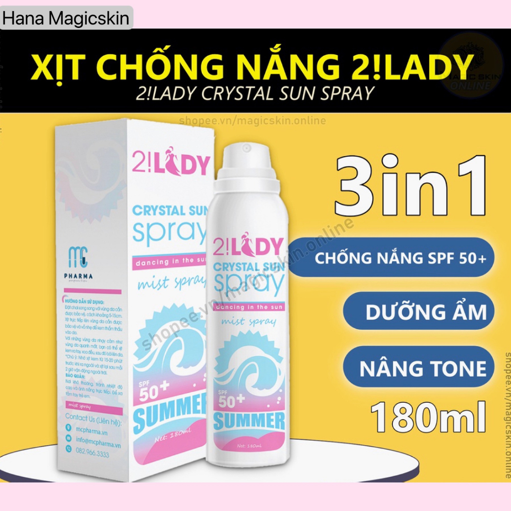 [CHÍNH HÃNG] Xịt chống nắng 2Lady Crystal Sun Spray 180ml hana magic skin