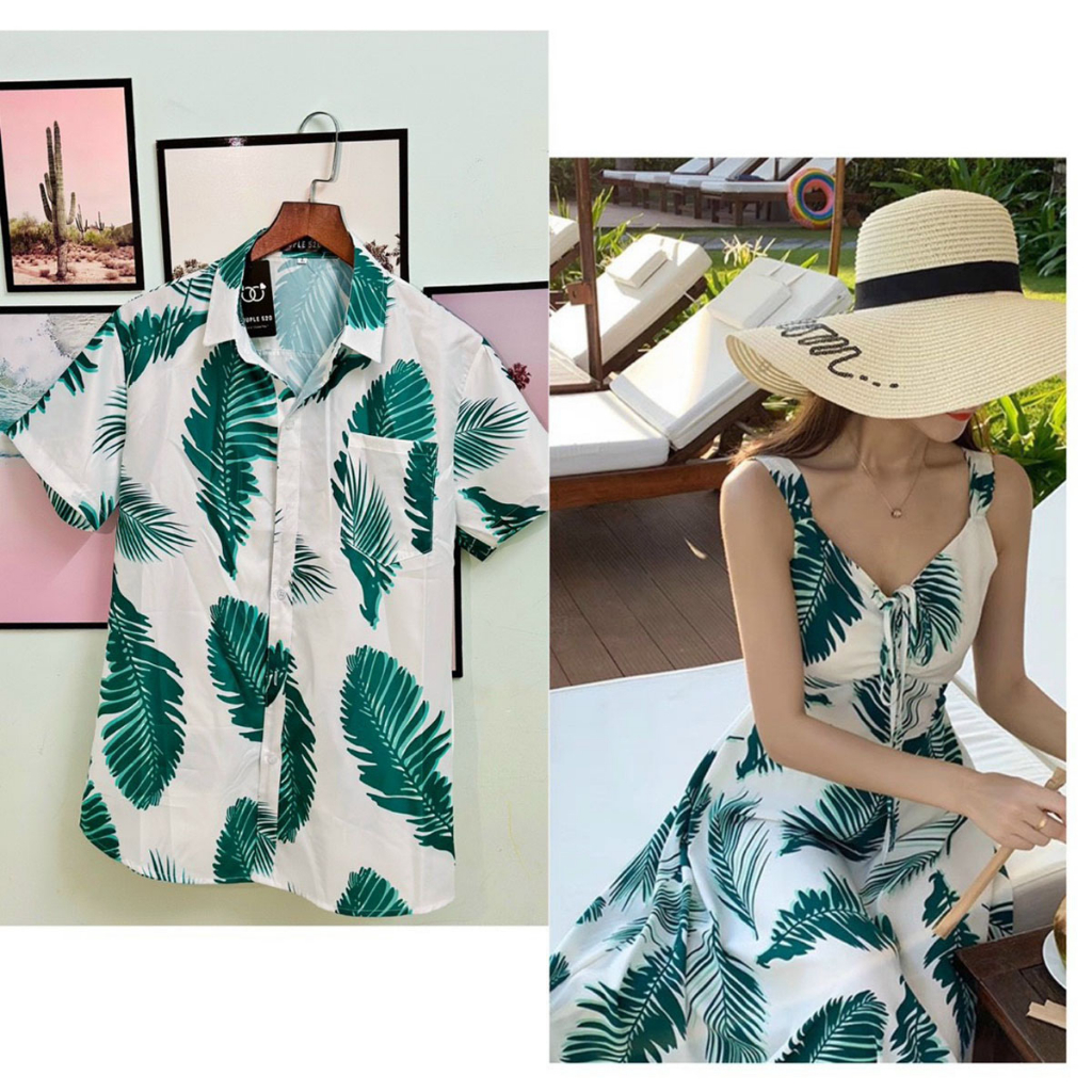 SET ĐỒ ĐÔI NAM NỮ HÀN QUỐC HỌA TIẾT HOA LÁ ĐI BIỂN CHỤP HÌNH CƯỚI ÁO CẶP TÌNH NHÂN