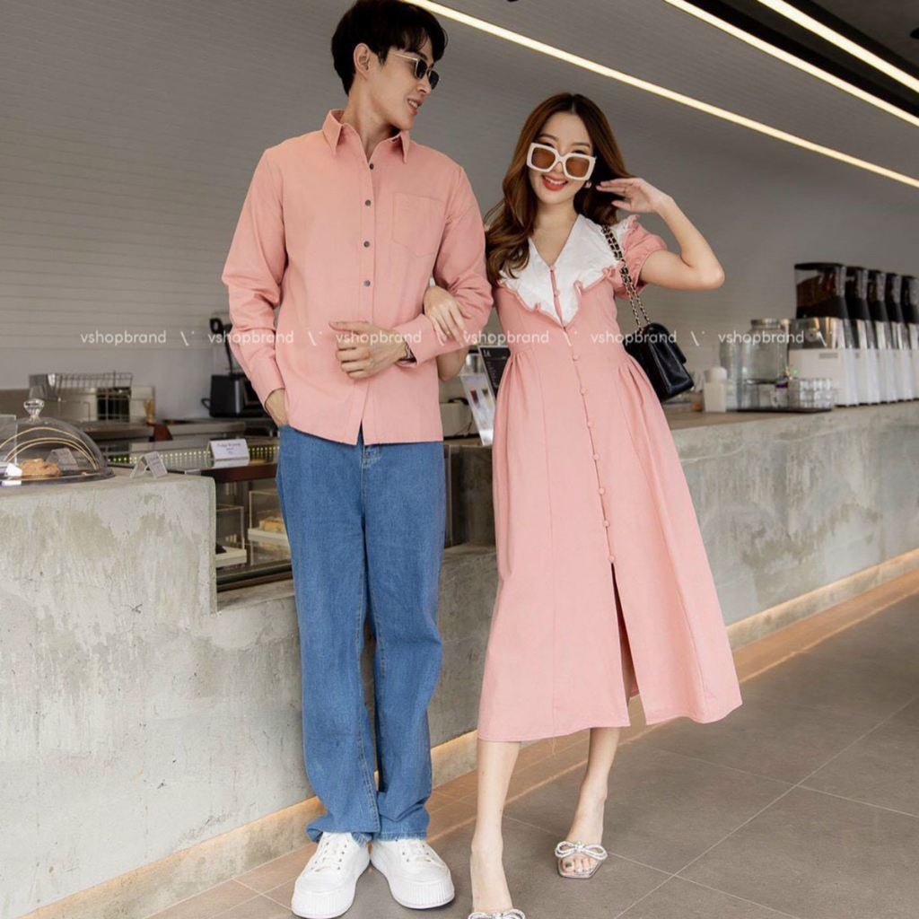 Set đồ đôi Hàn Quốc áo sơ mi đầm xòe dễ thương áo cặp tình nhân màu hồng