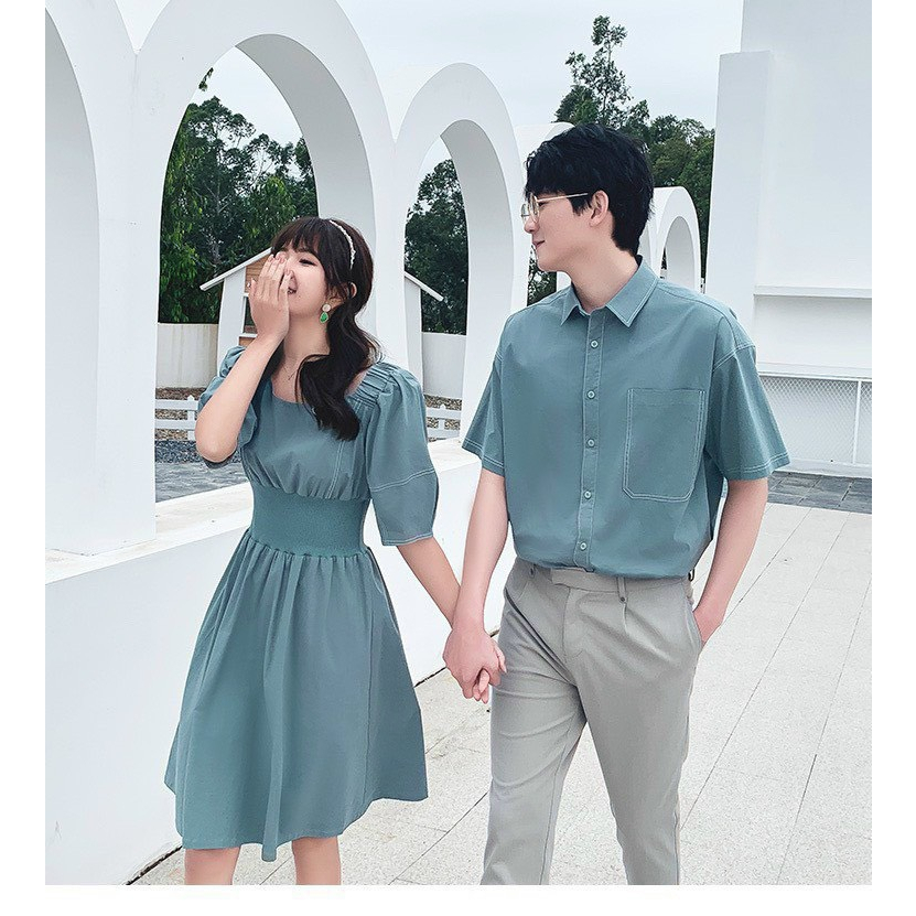 Set áo đầm đôi sơ mi đầm xòe phong cách Hàn Quốc dành cho các cặp đôi màu xanh mint