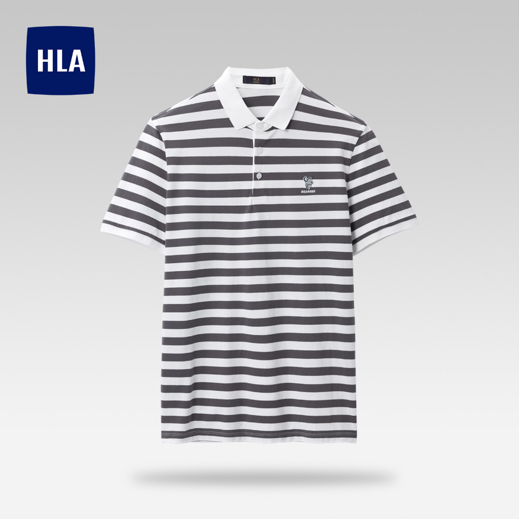 HLA x Qee - Áo thun POLO nam tay ngắn kẻ sọc ngang Qee pattern on chest striped POLO Shirt